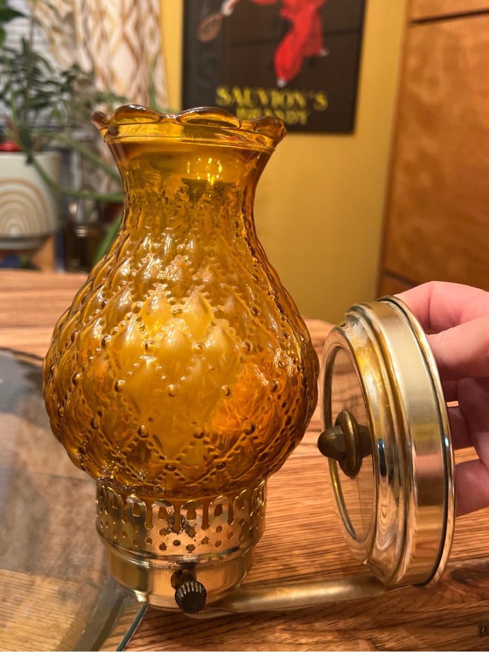 Vintage Amber Hurricane Lamp Wall Mount Sconce Quilted Diamond Glass MCM